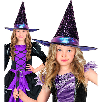Chapeau de sorcière d'Halloween pour enfant avec des étoiles et une lune
