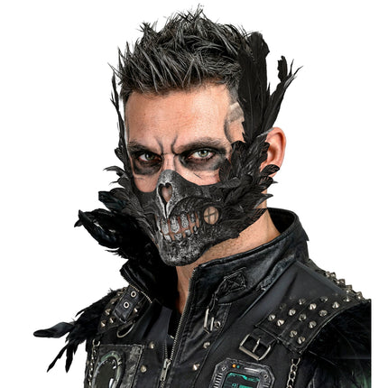 Masque d'Halloween : crâne noir avec des plumes