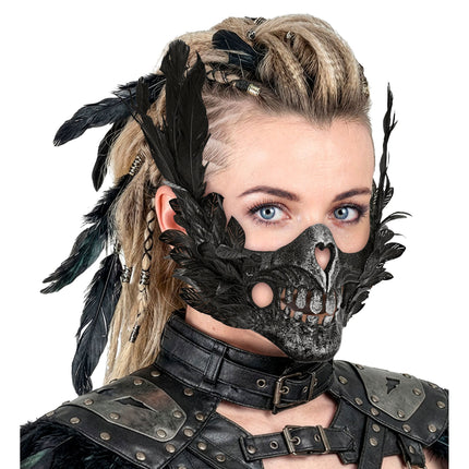 Masque d'Halloween : crâne noir avec des plumes