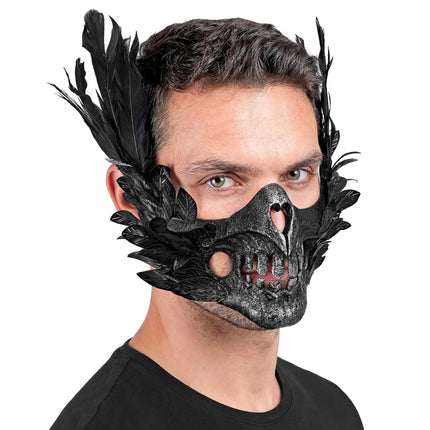 Masque d'Halloween : crâne noir avec des plumes