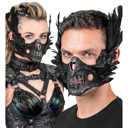 Masque d'Halloween : crâne noir avec des plumes