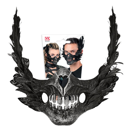 Masque d'Halloween : crâne noir avec des plumes