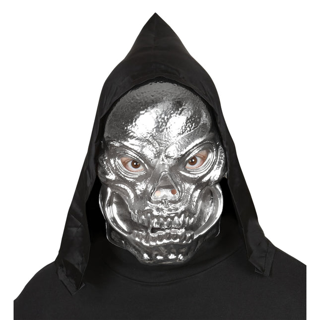 Masque d'Halloween crâne argenté avec bonnet
