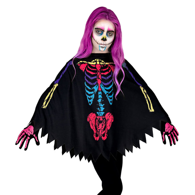 Poncho d'Halloween coloré enfant squelette