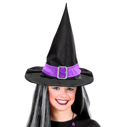 Chapeau de sorcière d'Halloween noir violet avec ceinture