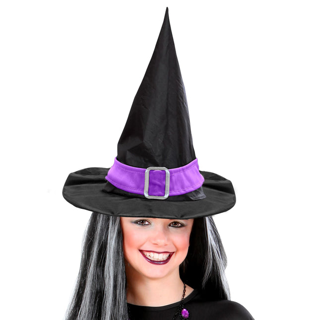 Chapeau de sorcière d'Halloween noir violet avec ceinture