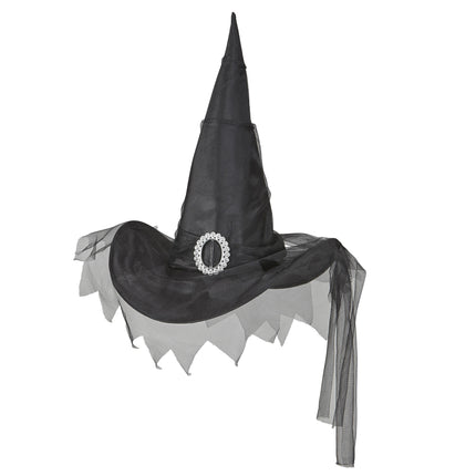 Chapeau de sorcière d'Halloween noir avec tulle