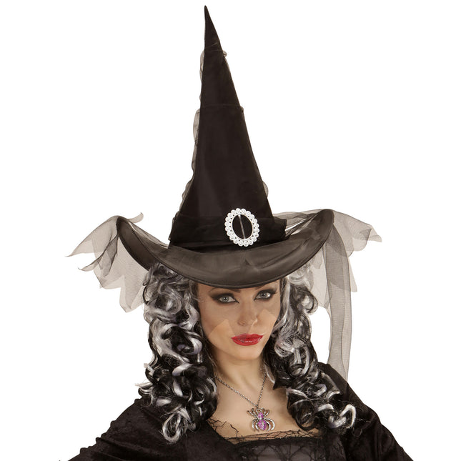 Chapeau de sorcière d'Halloween noir avec tulle