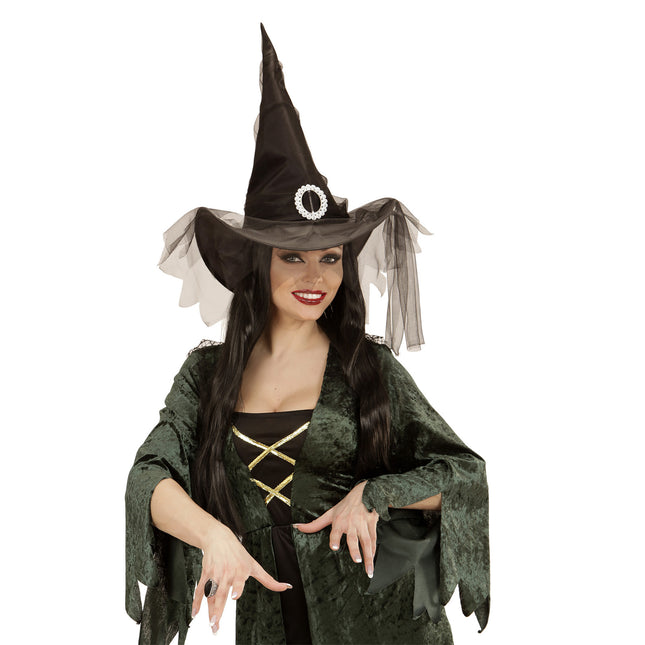 Chapeau de sorcière d'Halloween noir avec tulle