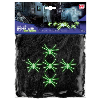 Toile d'araignée d'Halloween noire avec 5 araignées 100gr