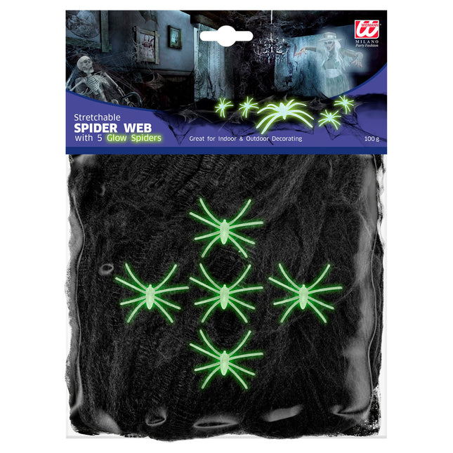 Toile d'araignée d'Halloween noire avec 5 araignées 100gr