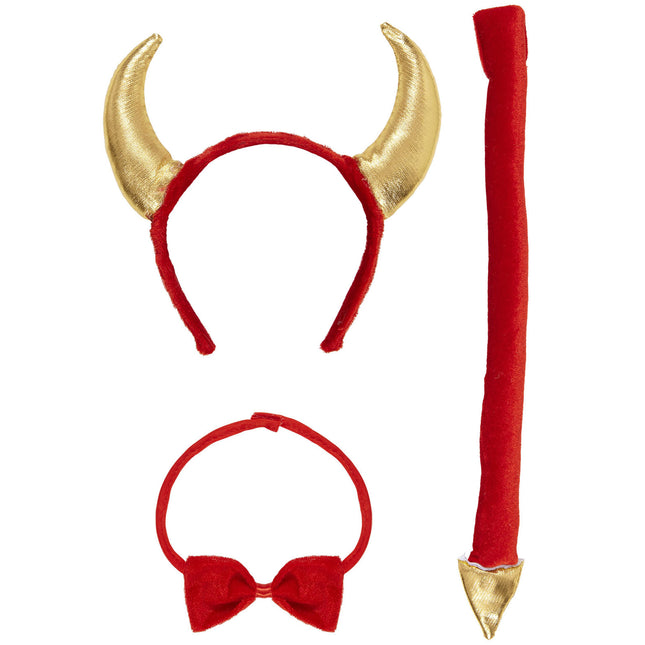 Ensemble d'accessoires d'Halloween Bandeau, noeud et queue de diable rouge 3 pièces