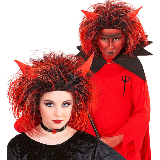 Perruque d'Halloween Diable Rouge Noir
