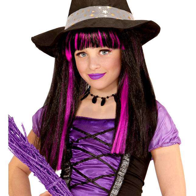 Perruque d'Halloween sorcière noire et violette