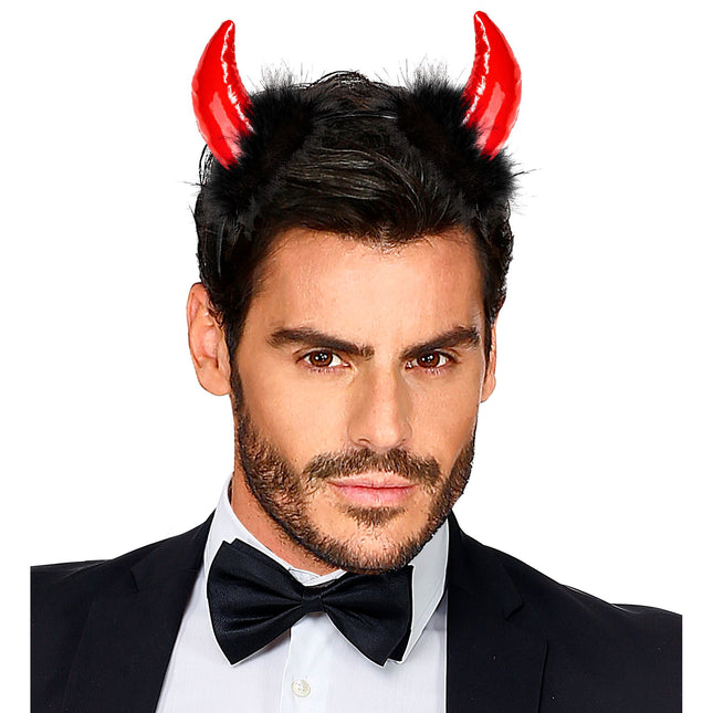 Bandeau d'Halloween Diable noir et rouge avec plumes