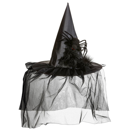 Chapeau de sorcière d'Halloween avec voile et araignée