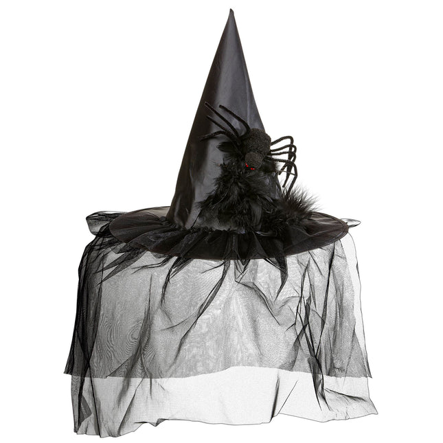 Chapeau de sorcière d'Halloween avec voile et araignée