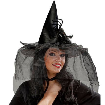 Chapeau de sorcière d'Halloween avec voile et araignée