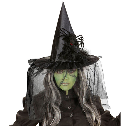 Chapeau de sorcière d'Halloween avec voile et araignée