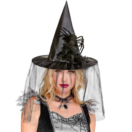 Chapeau de sorcière d'Halloween avec voile et araignée