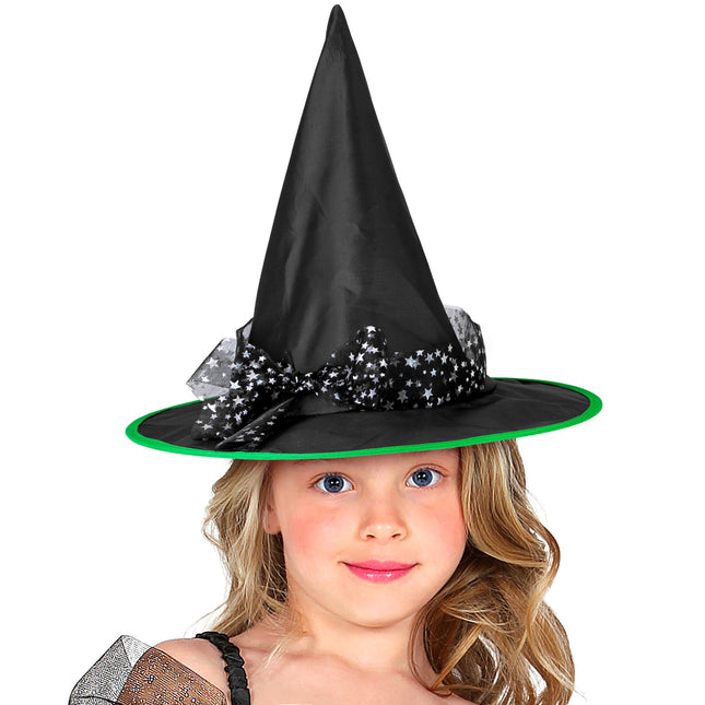 Chapeau de sorcière d'Halloween Étoiles noires et argentées