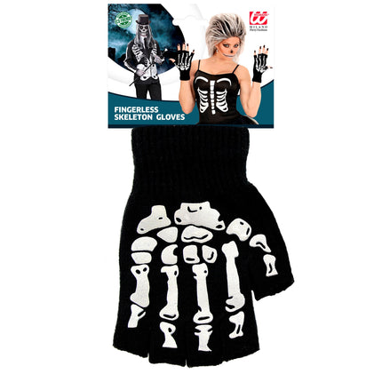 Gants d'Halloween Noirs Blancs Squelette Sans doigts