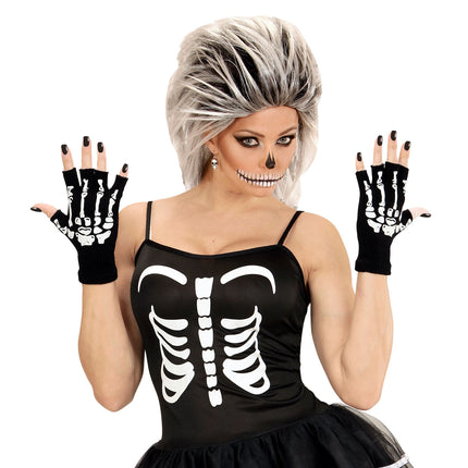 Gants d'Halloween Noirs Blancs Squelette Sans doigts