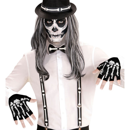 Gants d'Halloween Noirs Blancs Squelette Sans doigts
