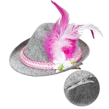 Chapeau Oktoberfest Tiroler Mini avec plumes roses