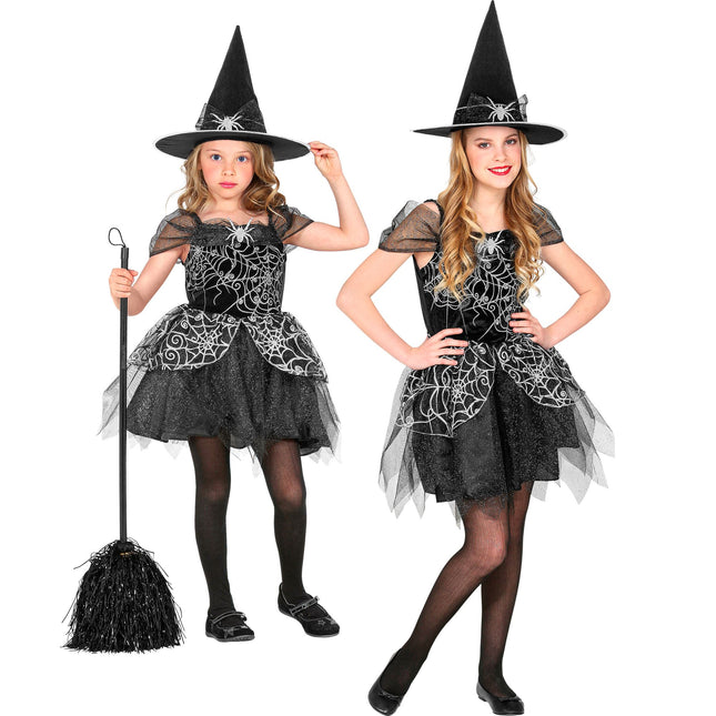 Costume de sorcière noir argenté fille araignée