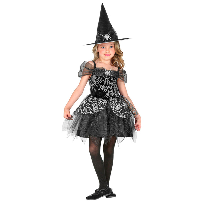Costume de sorcière noir argenté fille araignée