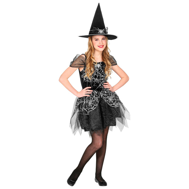 Costume de sorcière noir argenté fille araignée
