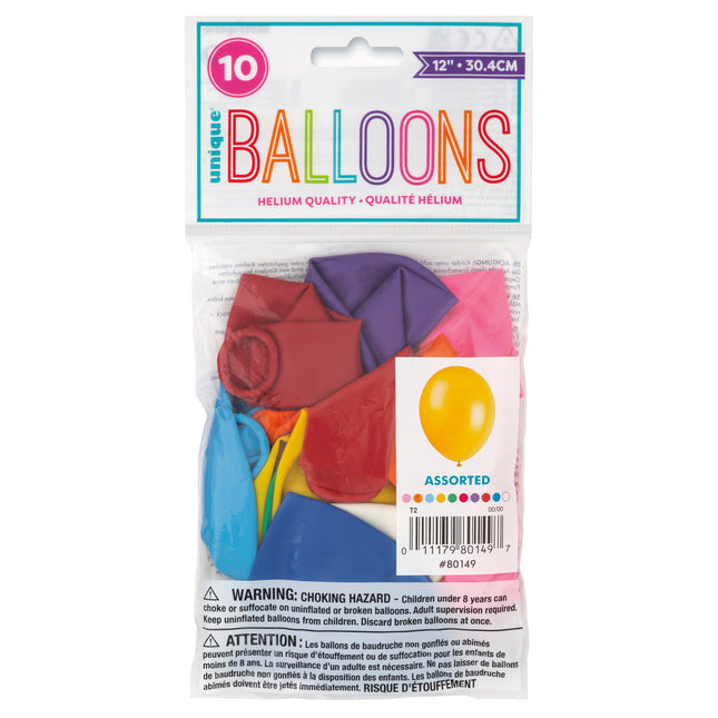 12" Ballons de baudruche en latex de qualité supérieure, 10 pièces - primaires assorties