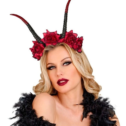 Bandeau d'Halloween noir et rouge avec une fleur et un diable