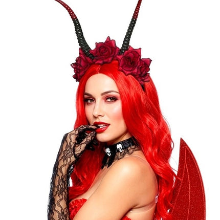 Bandeau d'Halloween noir et rouge avec une fleur et un diable