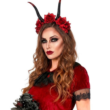 Bandeau d'Halloween noir et rouge avec une fleur et un diable