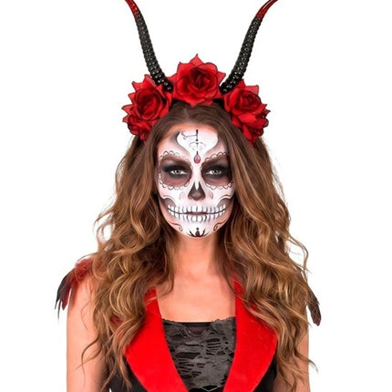 Bandeau d'Halloween noir et rouge avec une fleur et un diable