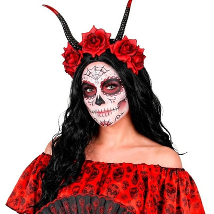 Bandeau d'Halloween noir et rouge avec une fleur et un diable