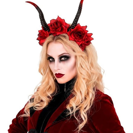 Bandeau d'Halloween noir et rouge avec une fleur et un diable