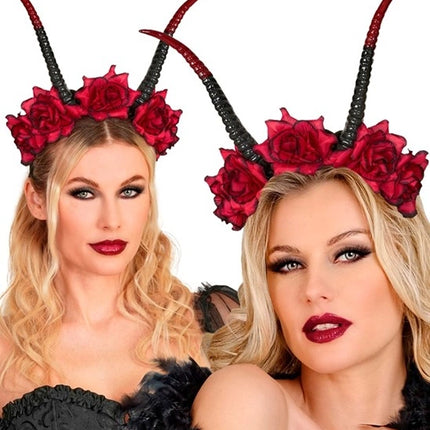 Bandeau d'Halloween noir et rouge avec une fleur et un diable