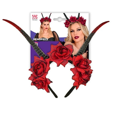 Bandeau d'Halloween noir et rouge avec une fleur et un diable
