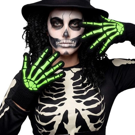 Gants d'Halloween noir et blanc, motif squelette, phosphorescents