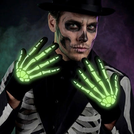 Gants d'Halloween noir et blanc, motif squelette, phosphorescents