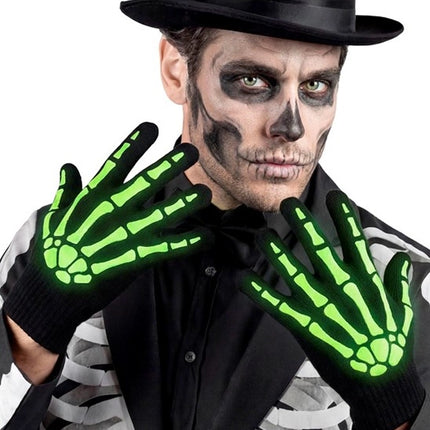 Gants d'Halloween noir et blanc, motif squelette, phosphorescents