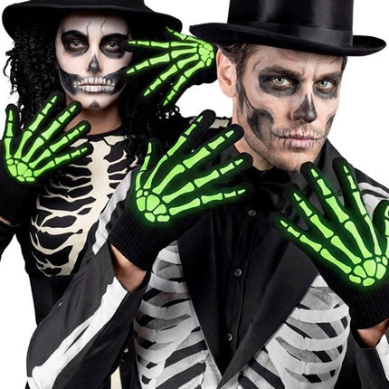 Gants d'Halloween noir et blanc, motif squelette, phosphorescents