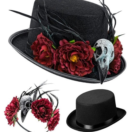 Chapeau d'Halloween avec fleurs vaudou et squelette