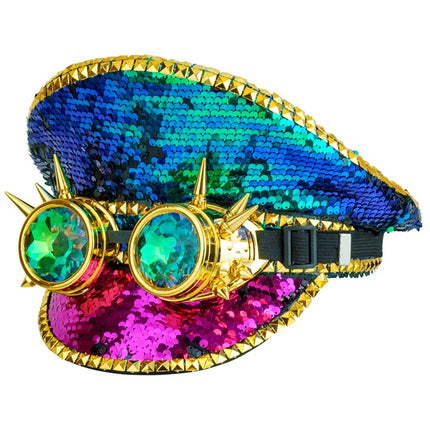 Casquette colorée avec paillettes et lunettes de protection