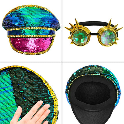 Casquette colorée avec paillettes et lunettes de protection