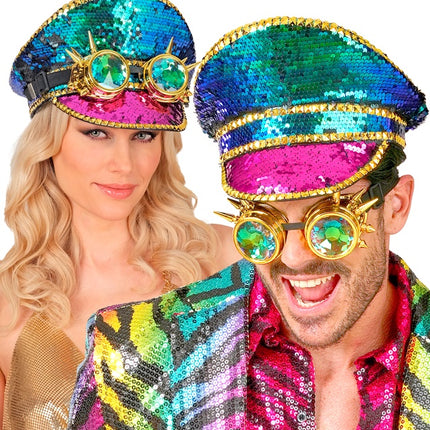 Casquette colorée avec paillettes et lunettes de protection
