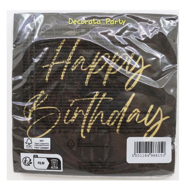 Serviettes de table Happy Birthday Or Noir 2 couches 33cm 20pcs